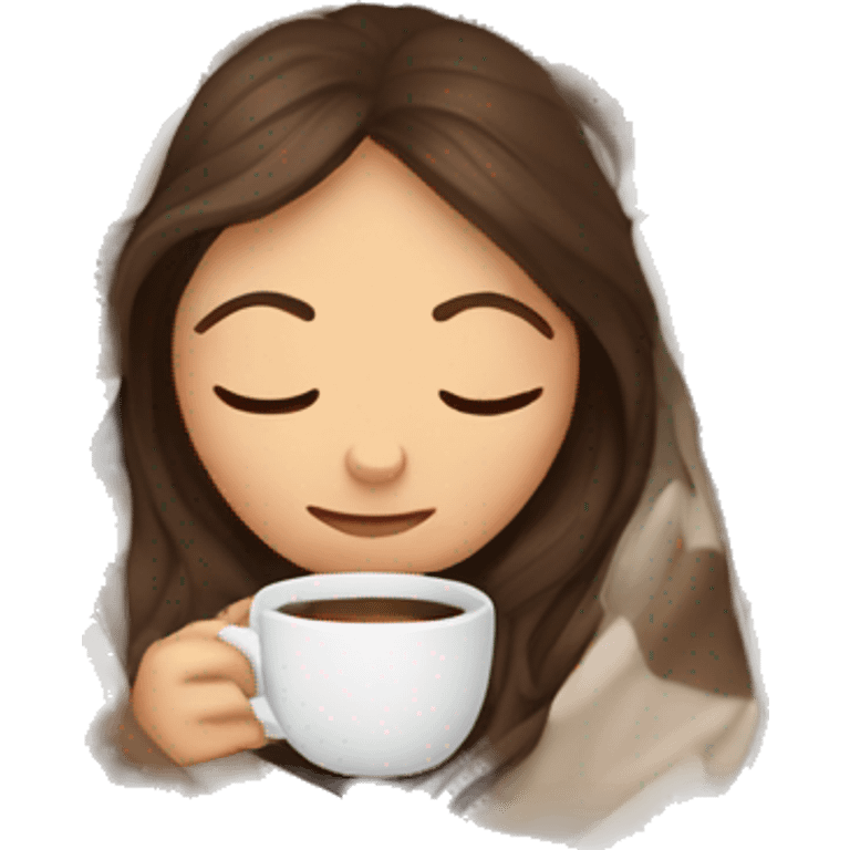 Brown hair girl inside a blanket sipping coffee eyes closed emoji