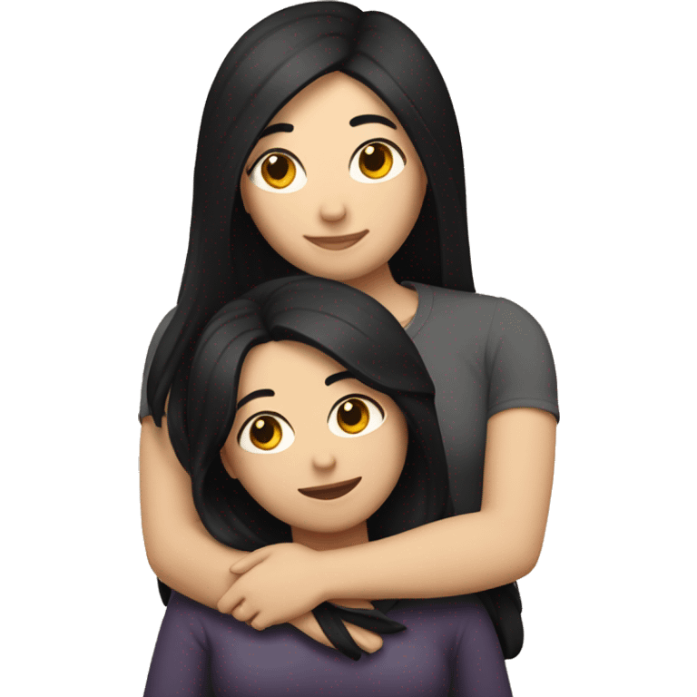 A lesbian couple with white skin and long black hair hugging intimately emoji