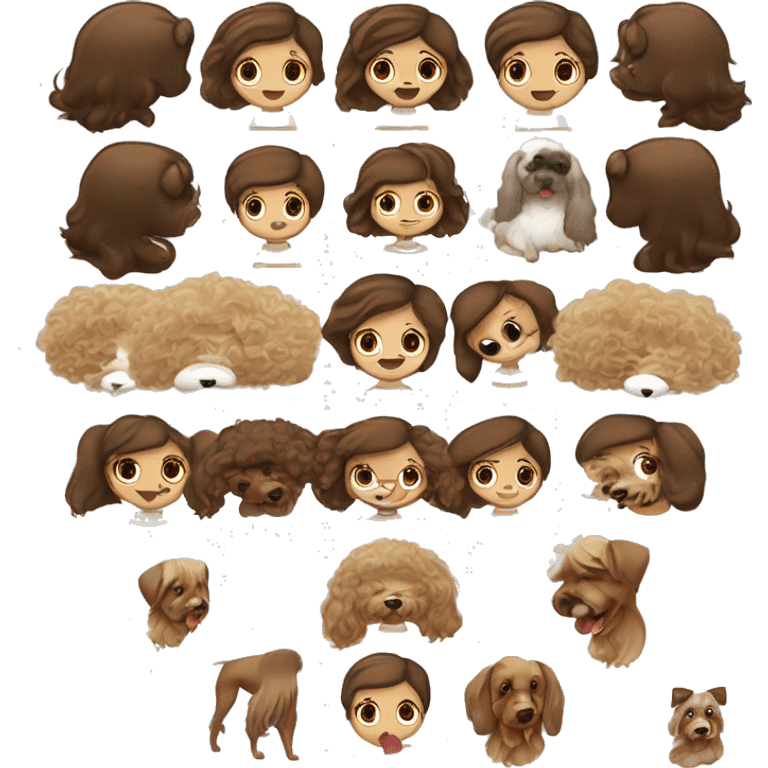 menina, pele caramelo claro,cabelo liso castanho escuro olhos castanhos escuro com cachorro lulu da pomerania pequeno bege e um pouco branco. emoji