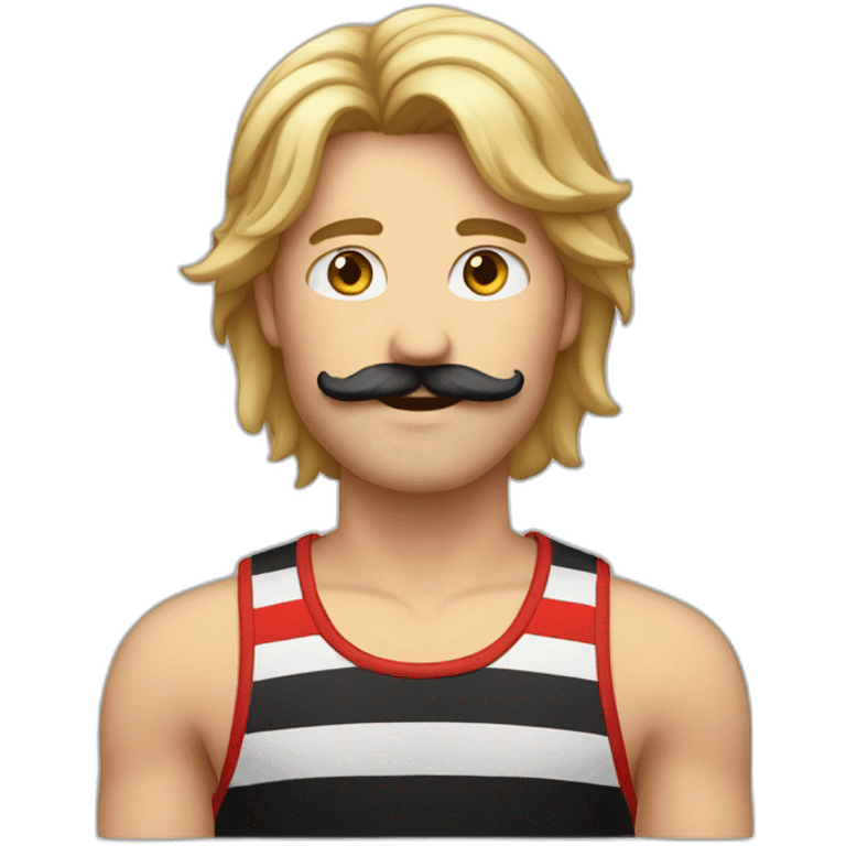 long hair male with moustache and striped black and red tank top emoji