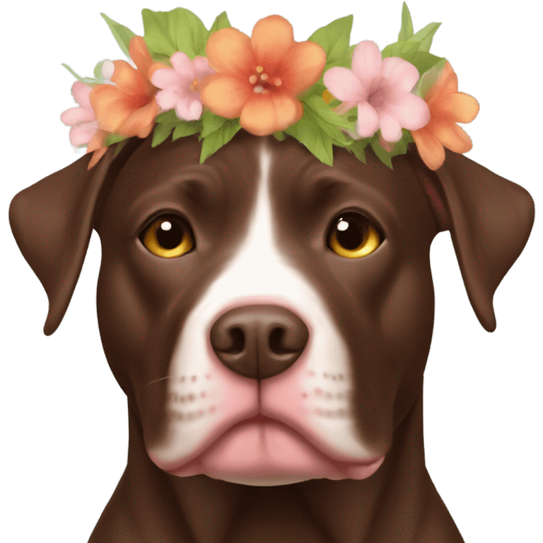 Pitbull chocolate lab mix chestnut colored with a flower crown emoji