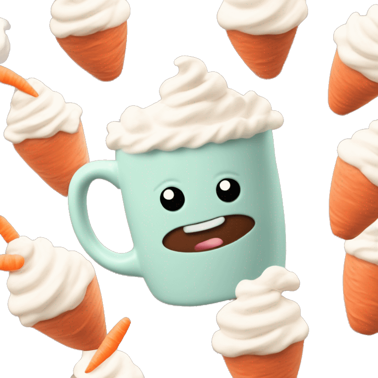 Realistic hot chocolate in pastel color mug with whipped cream on top and a carrot stuck through the whipped cream. emoji