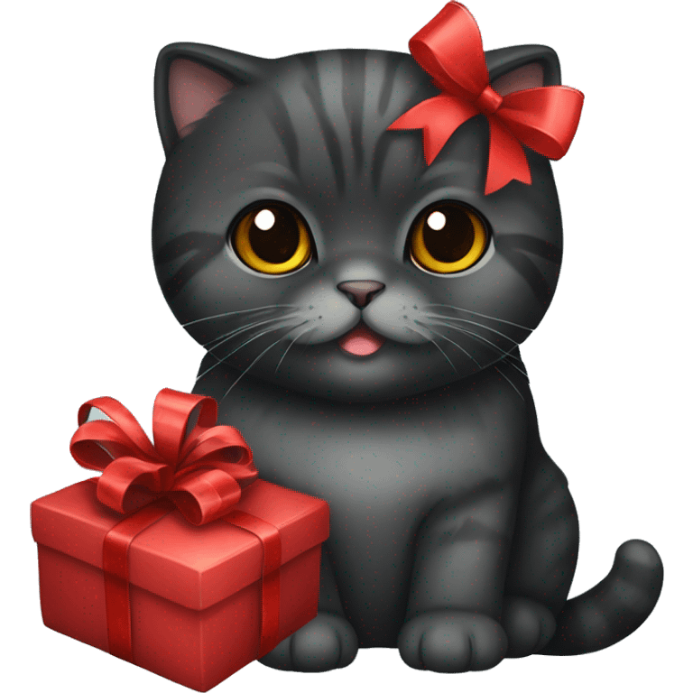 Black scottish fold cat with red gift bow  emoji