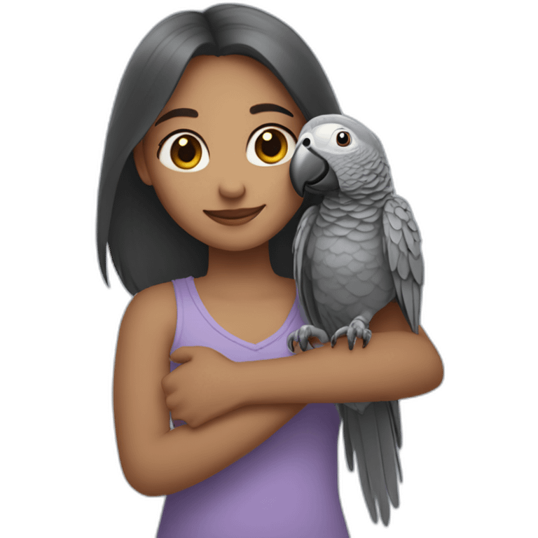 Girl hugging an African grey parrot emoji