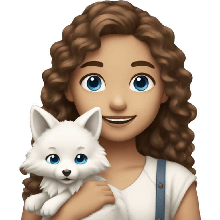 Girl long curly brown hair smiling and blue eyes and holding a white fox in her arms emoji