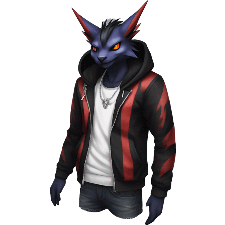 Cool Anthro Black Noivern-Absol-Litten-Pokémon with edgy stripes hoodie spiked collar punk Full Body emoji