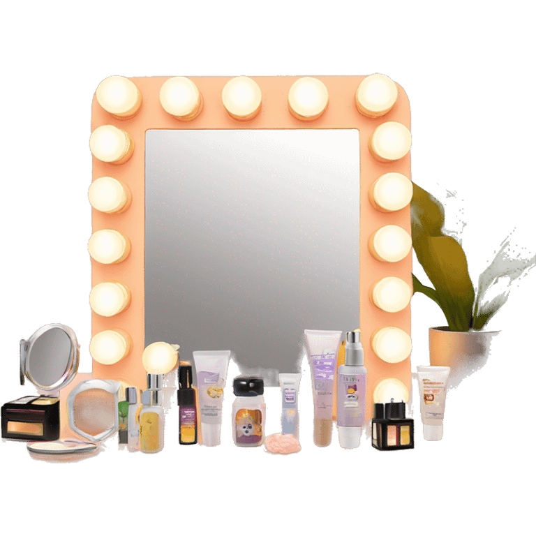 Hollywood vanity with lights around mirror and skincare laid out emoji