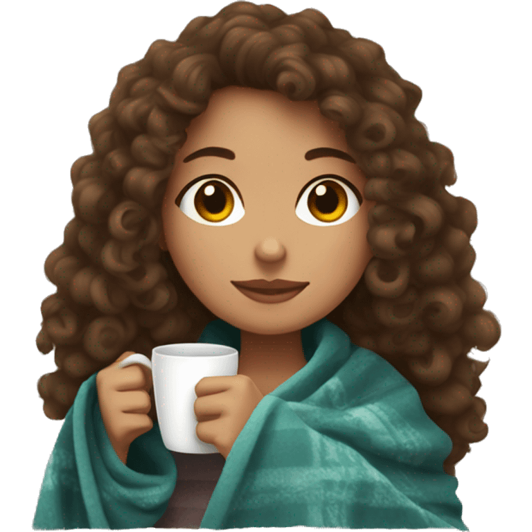 Brown hair Girl with curly hair drinking coffee, with a cozy blanket emoji