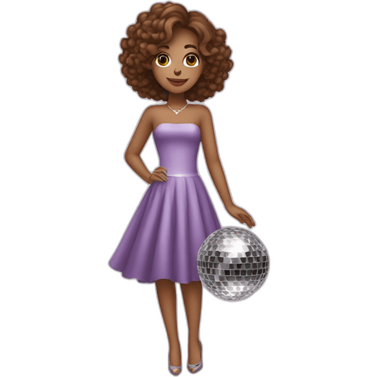 female with brown wavy hair dressed in a party dress and disco ball emoji