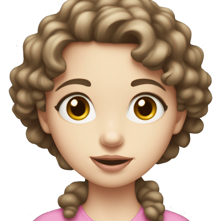 young girl with pale skin, gray eyes, chest-length curly brown hair with pink lips emoji