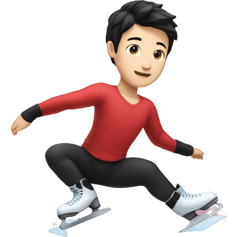 male asian ice skater with a red shiny shirt and black pants with black hair and pale skin skating trough the ice emoji