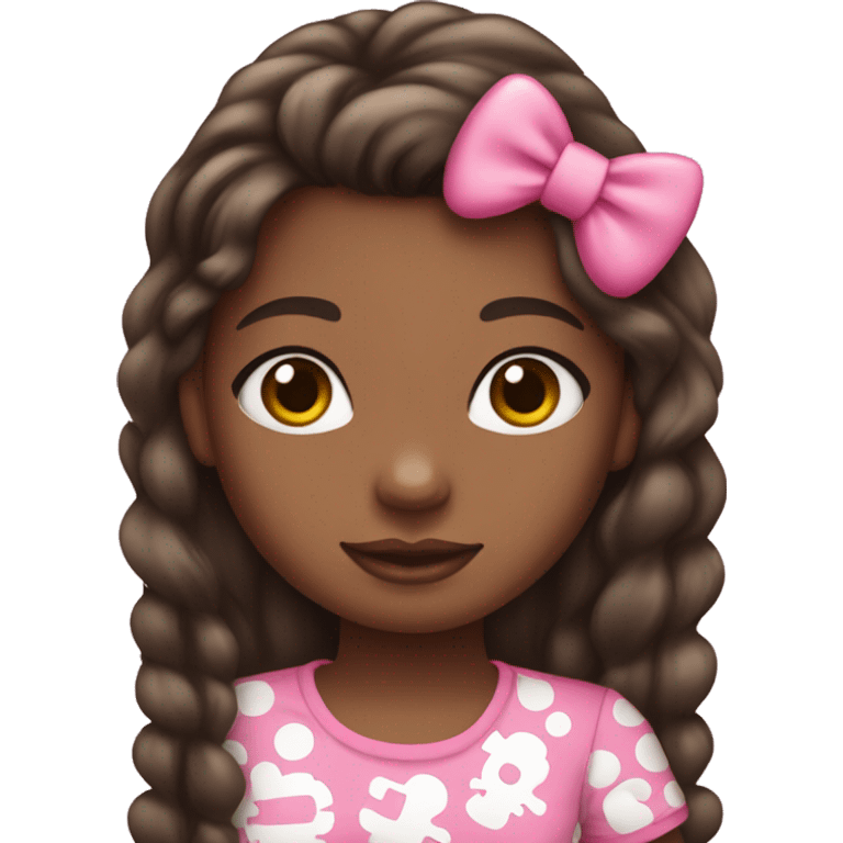 pretty black girl with long brown hair pink bow wearing hello kitty shirt emoji