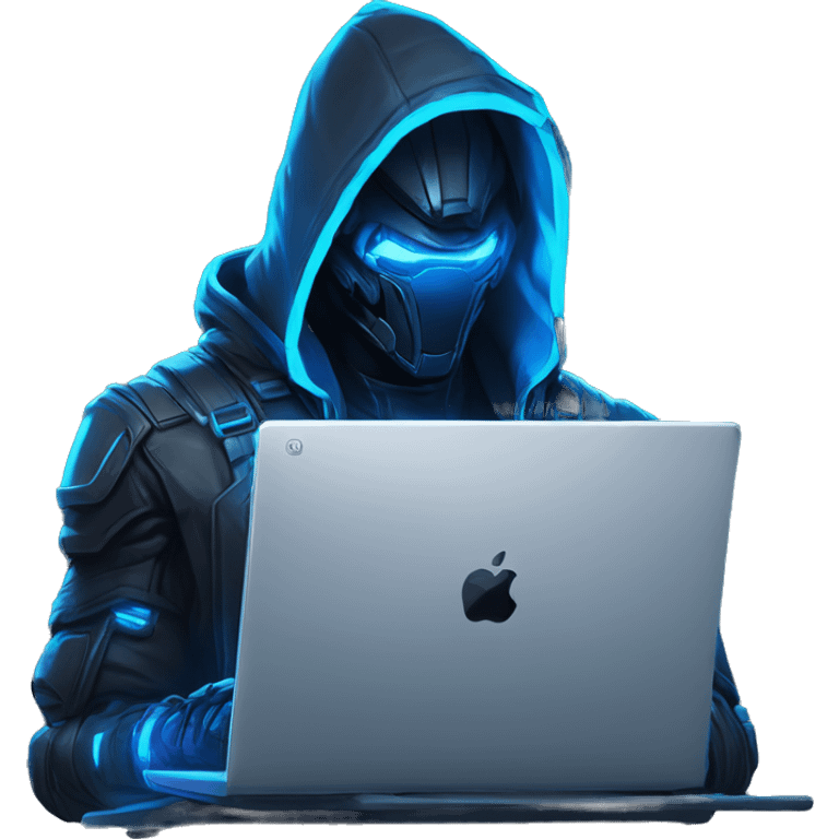 developer behind his laptop with this style : crysis Cyberpunk Riot Games Valorant neon glowing bright blue character blue black hooded assassin themed character emoji