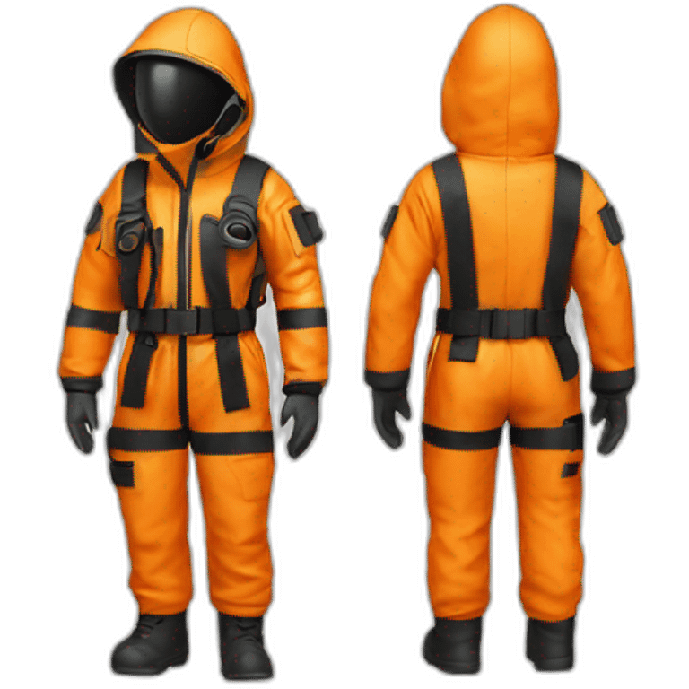 2 persons in orange Orange hazmat suit, black boots, belt with pouches, front view emoji