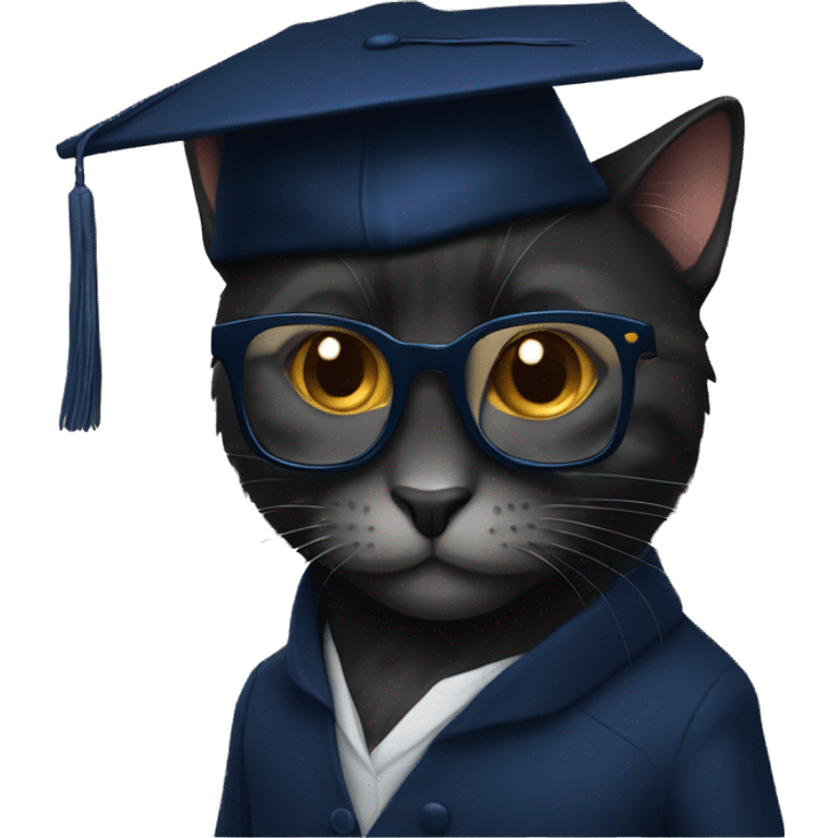 The student is a black wool cat in a dark blue suit, a square academic dark blue cap and golden glasses emoji