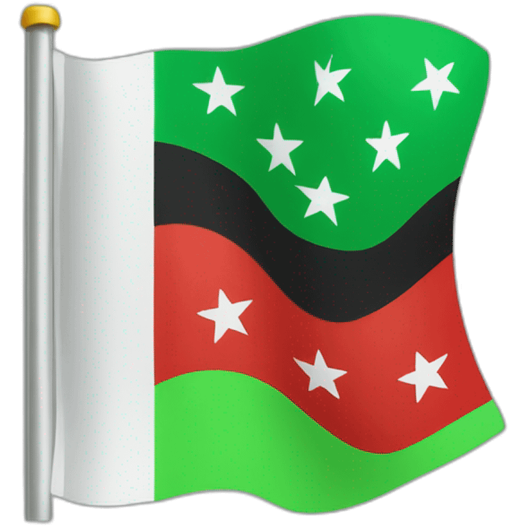 A flag consisting of three sections, the top is green, the middle is white with three red stars, and the bottom is black emoji