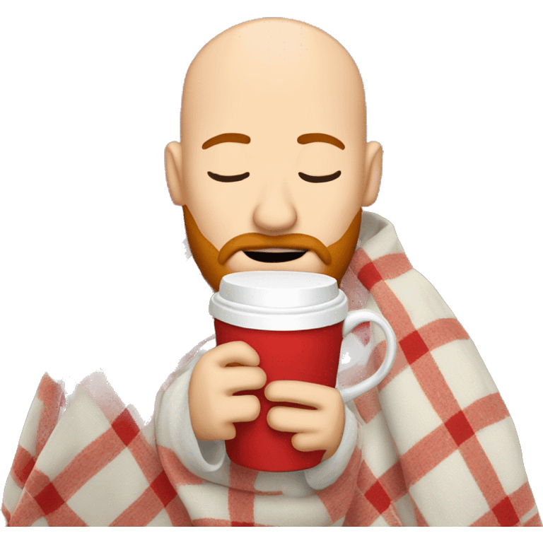 Bald man inside blanket with red beard and mustache with eyes closed sipping coffee emoji