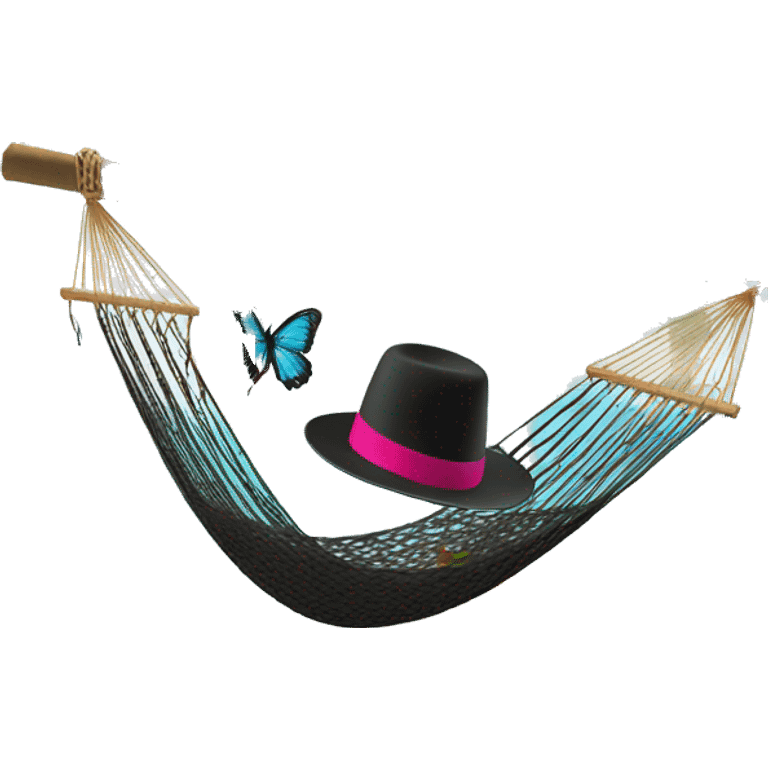 a knit top hat with butterfly on a tree and a hammock on the beach emoji