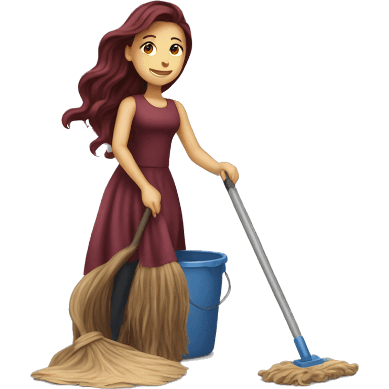 Beautiful burgundy long haired woman mopping the floor emoji