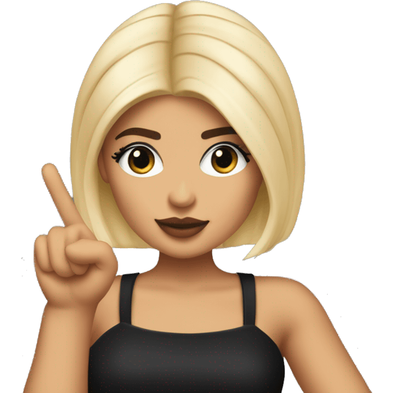 Emoji of Kylie Jenner with blonde hair in a black mini dress, confidently pointing forward with a stylish, influencer vibe emoji