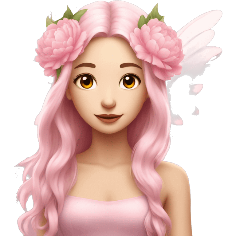 Beautiful, peony, fairy, light pink, long hair, big wings, fair skin emoji