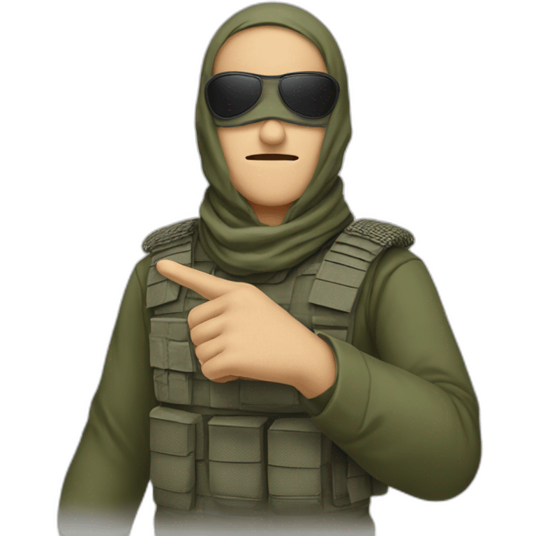 A person masked with shemagh and wearing military clothing and He points his index finger upward  emoji