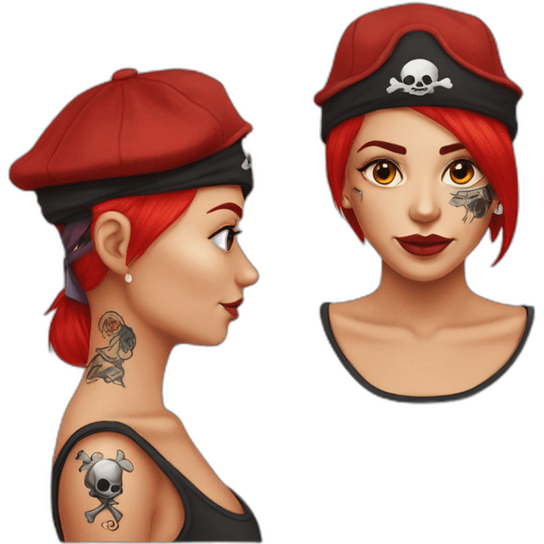 Woman long red one platted hair on one sid short hair on other side Tattoo under shaved hair. pirate hat, skull and crossbones t shirt emoji