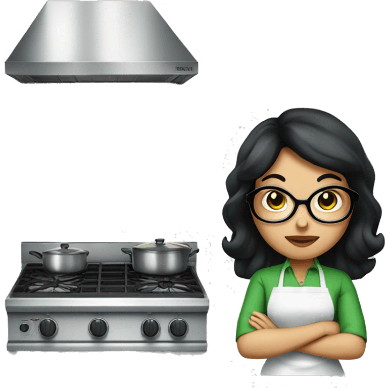 chubby lady with black hair and big eyes green apron  with glasses cooking  emoji