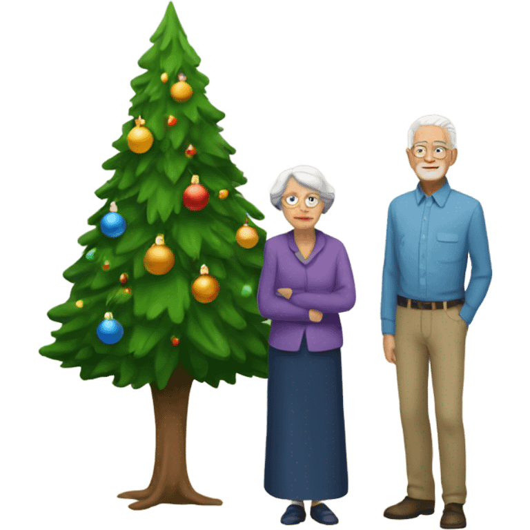 Old man and old woman standing next to a Christmas tree emoji