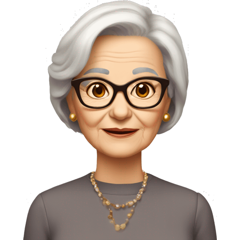 80 years old girl
Short straight brown hair with bob styling
light skin small square 
glasses with refined frame
Brown eyes with cat eye liner emoji