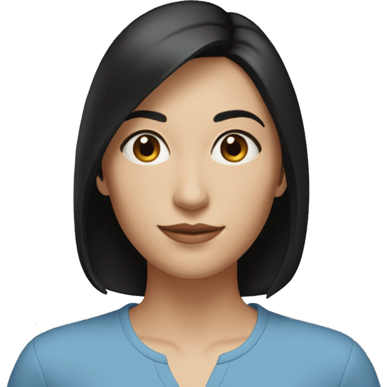 photo of brunette woman, straight, black hair, short to shoulder length, small brown eyes, round face, bic blue shirt, black pants. emoji