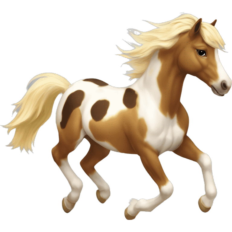 Scruffy Piebald tricolor palomino yellow brown pony with dark brown spots galloping running emoji