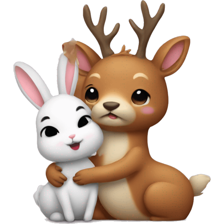 Deer and bunny hugging emoji