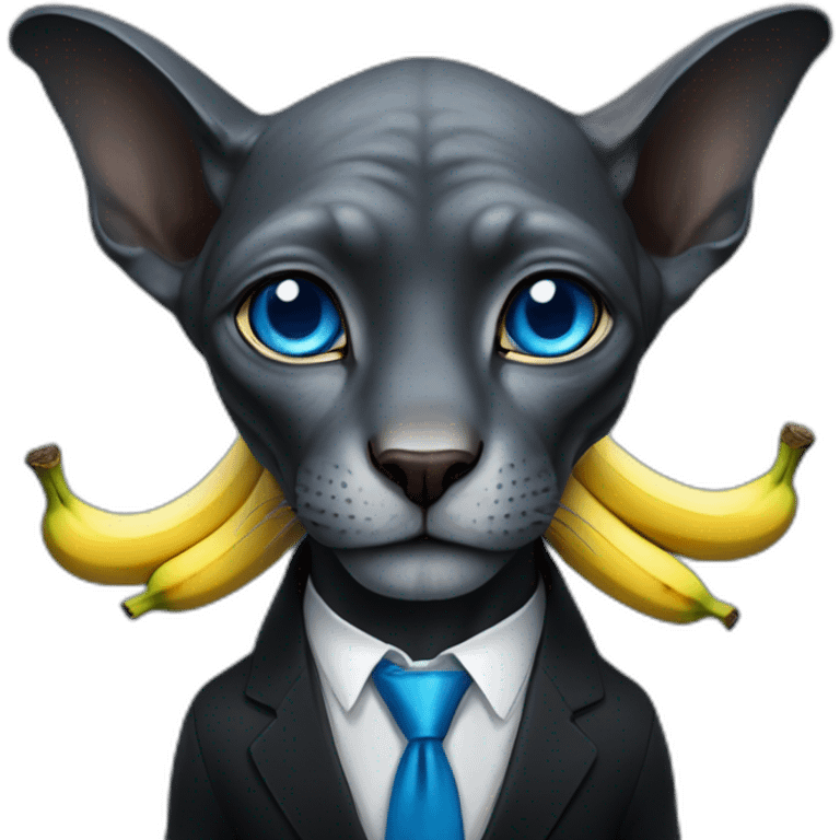 dark grey sphinx with bright blue eyes wearing black suit, calling on banana as phone, portrait emoji