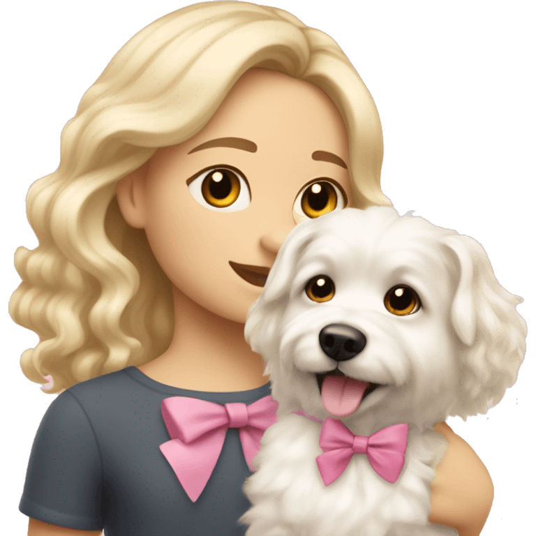 blonde girl with wavy hair taking a little fluffy white dog for a walk with a pink bow emoji