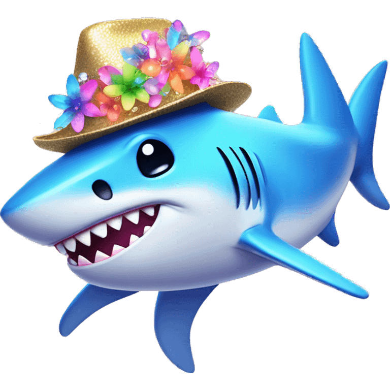 Kawaii rainbow pastel bedazzled shark wearing fedora with neon flowers  emoji