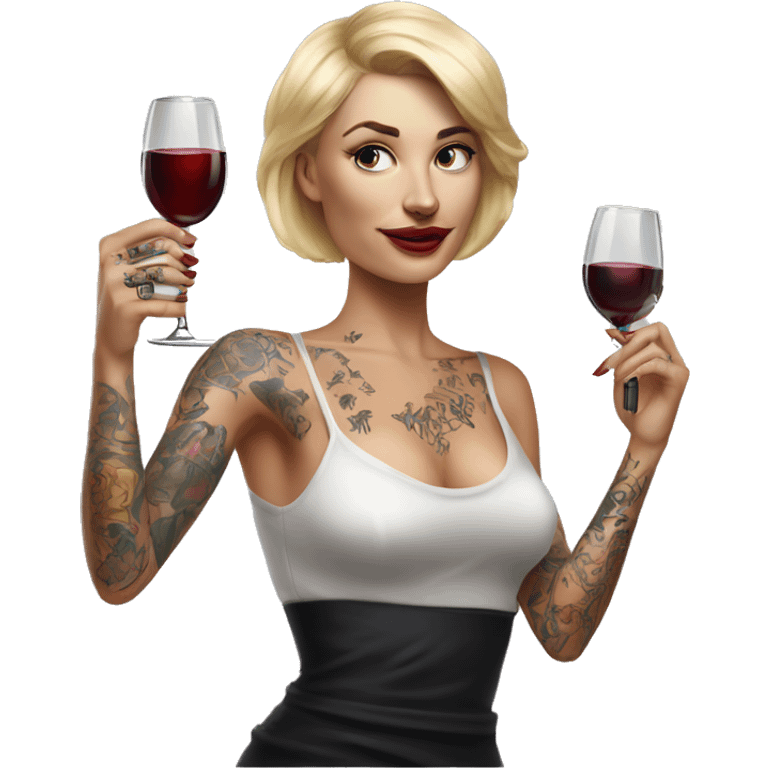 Blonde elegant women, her body covered with tattoos, wine in her one hand, pointing forward with her other hand , Hyper realistic emoji