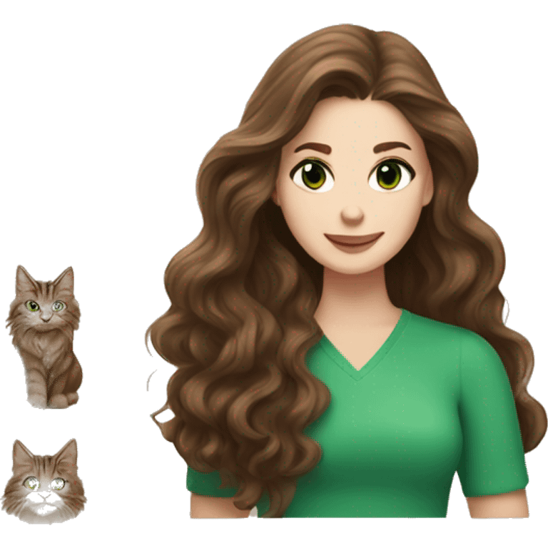 White brunette long wavy hair woman with green eyes holding a brown Maine coon cat  emoji