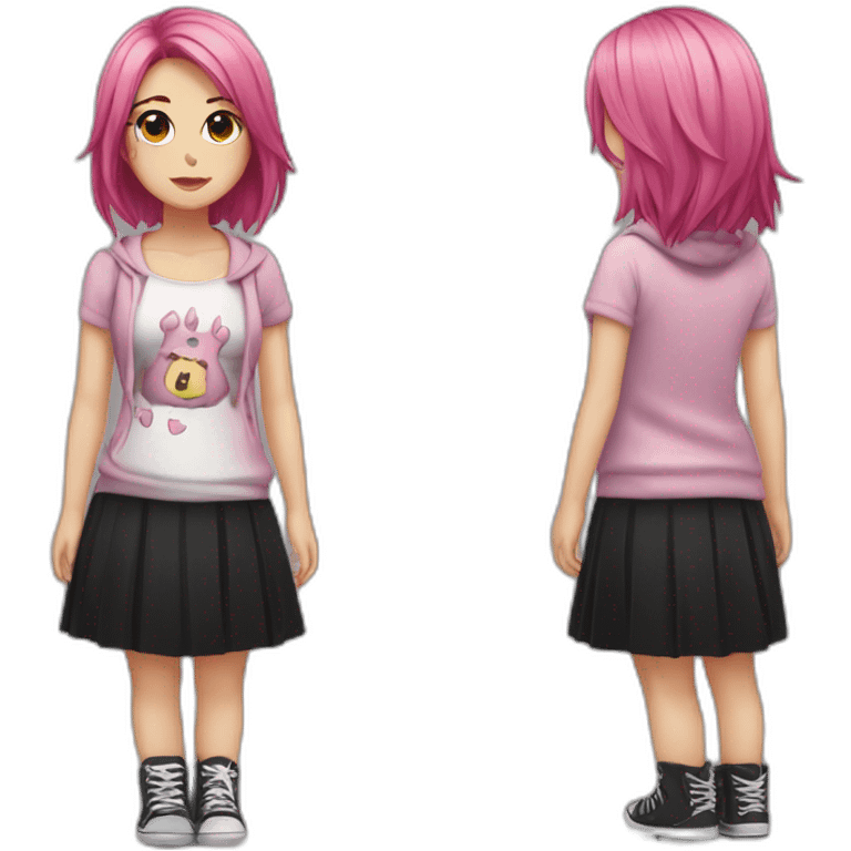 Full body Front view curvy emo girl pink hair sits on the floor straight view hands up black skirt полосатые рваные чулки emoji