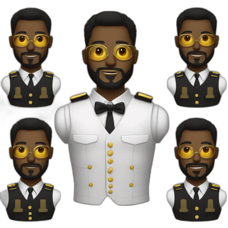 black soldier with beard, part in hair, white collared shirt, bow tie, gold glasses, bulletproof vest  emoji