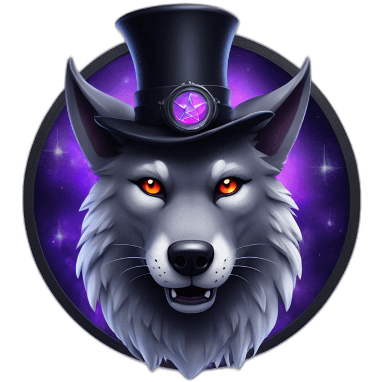 demonic wolf with a pentagram top hat and a pentagram chain with a haunting night background emoji