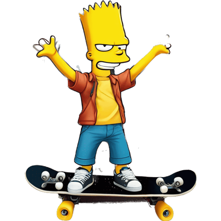 Bart Simpson, skateboard under his arm, poses in front of a graffiti-covered wall. He's giving the camera a playful smirk emoji