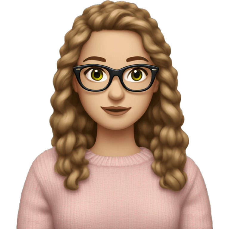 White girl long brown hair and green eyes wearing leopard glasses, soft pink wool jumper emoji