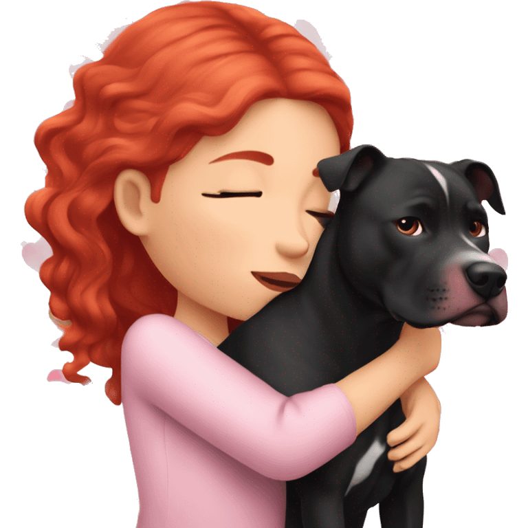 Girl with red hair kissing big black pitbull dog, pink hearts emoji