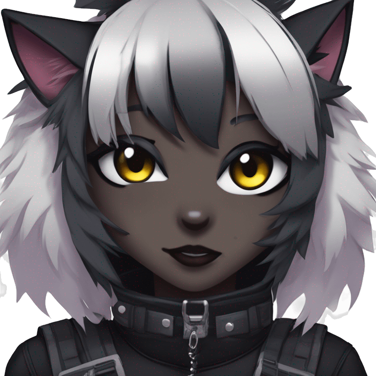 Gorgeous furry dark cyberpunk techwear anime style anthro black cat fursona with blushing face aesthetic and pretty edgy black with collar and harness trending style emoji