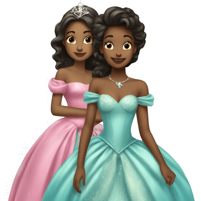 two princesses, beautiful ball gowns, shimmer emoji