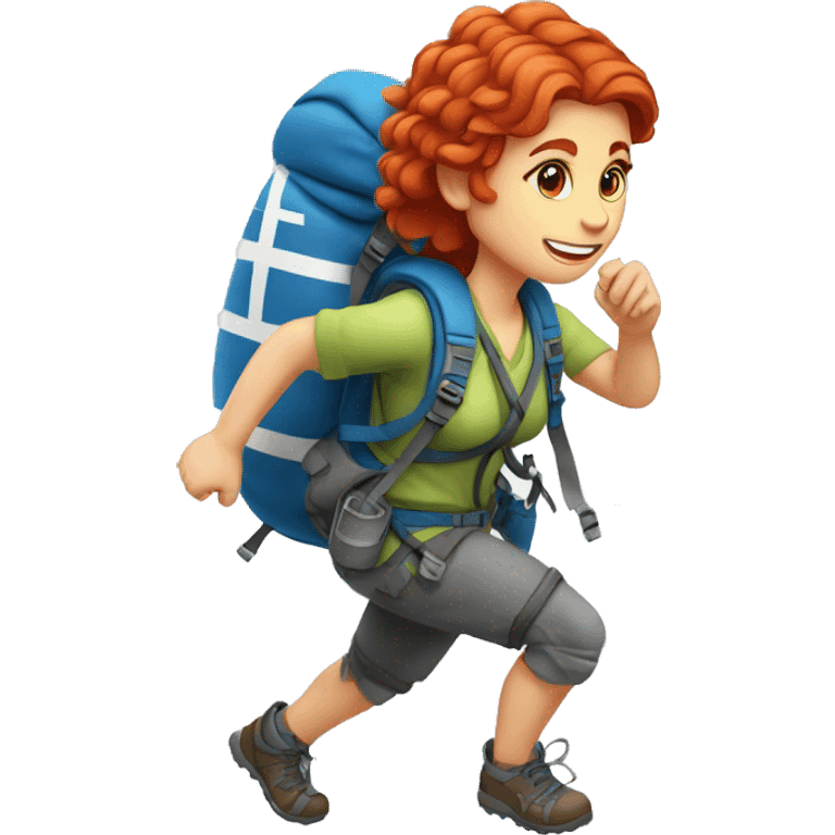 Female mountain climber red hair climbing with Greek flag on backpack and holding Easter eggs basket emoji