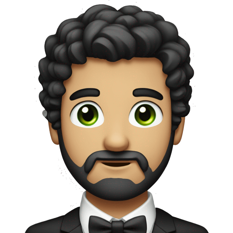 Young round face handsome man with bow tie and green eyes and full beard, black hair , bushy eye brows emoji