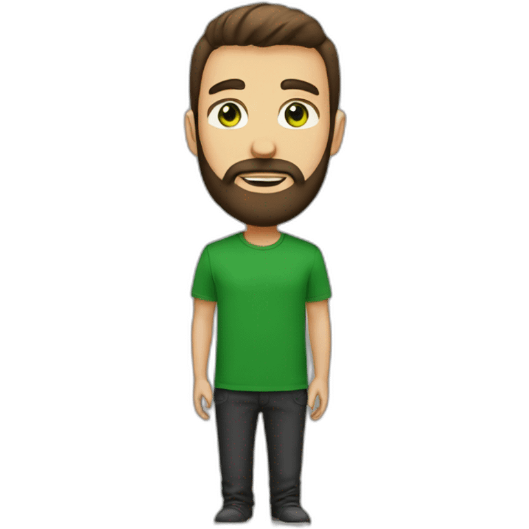 a medium and brown beard man. green eyes. black t-shirt emoji