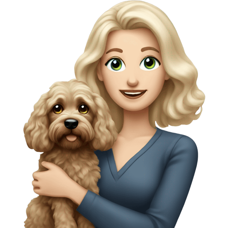 blue eyed old long haired blonde lady with dark brown Cockapoo puppy dog emoji